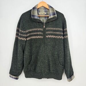Peruvian Link 100% Alpaca Wool Zip Cardigan Sweater Green Plaid Lined Mens L